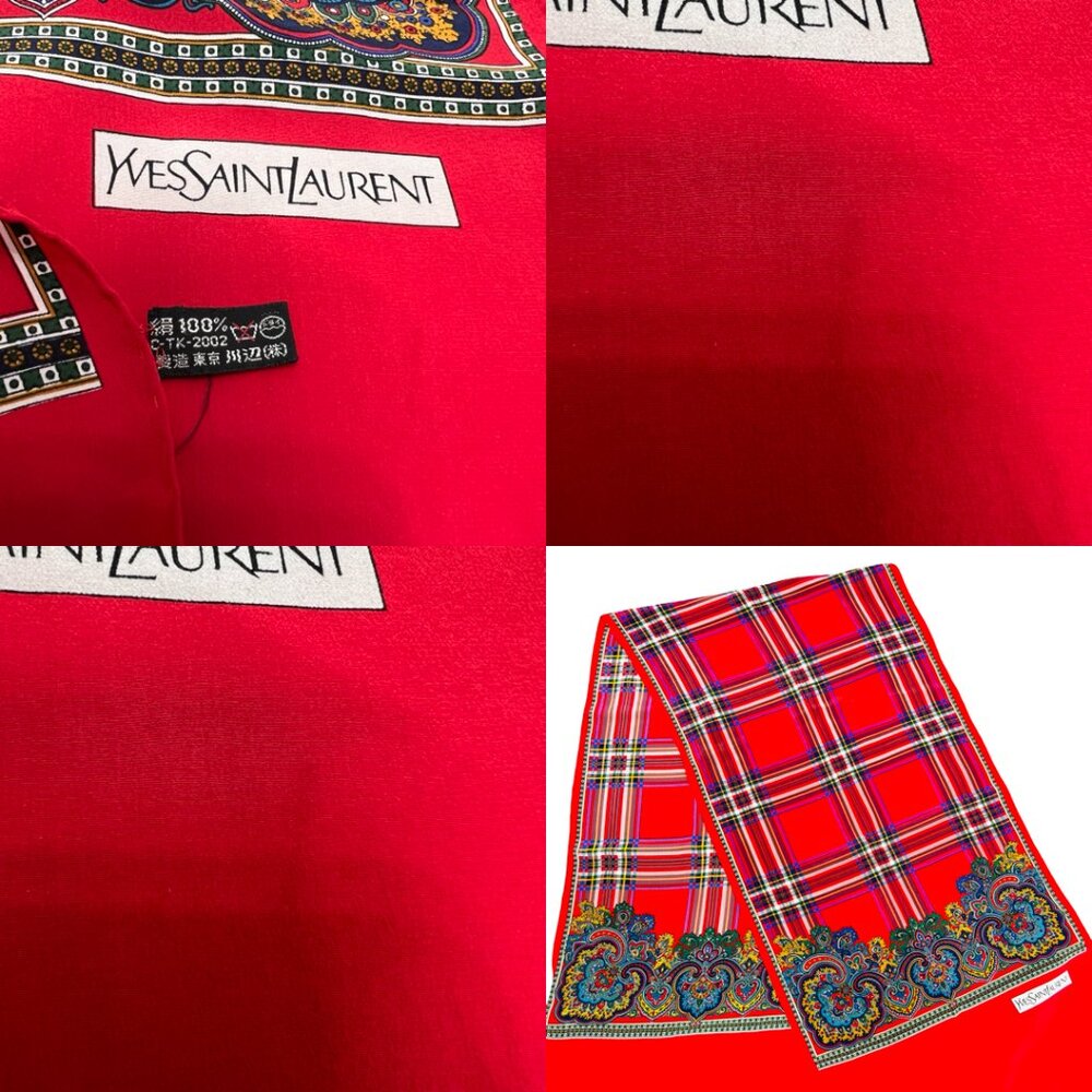 Beautiful Yves Saint Laurent YSL  Silk Satin Scarf 60"x15" Red Green Fringe (22 - Picture 10 of 14